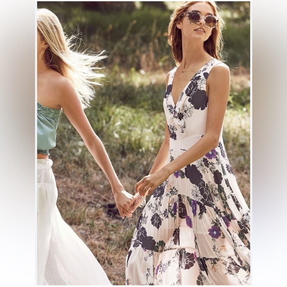 Free People Dresses & Skirts - Free People Cream and Purple Floral Print V-Neck Maxi Dress